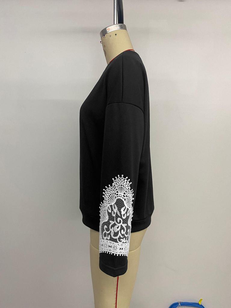 2025 Autumn Black Lace Patchwork Long Sleeve Casual Round Neck Hoodie for Women