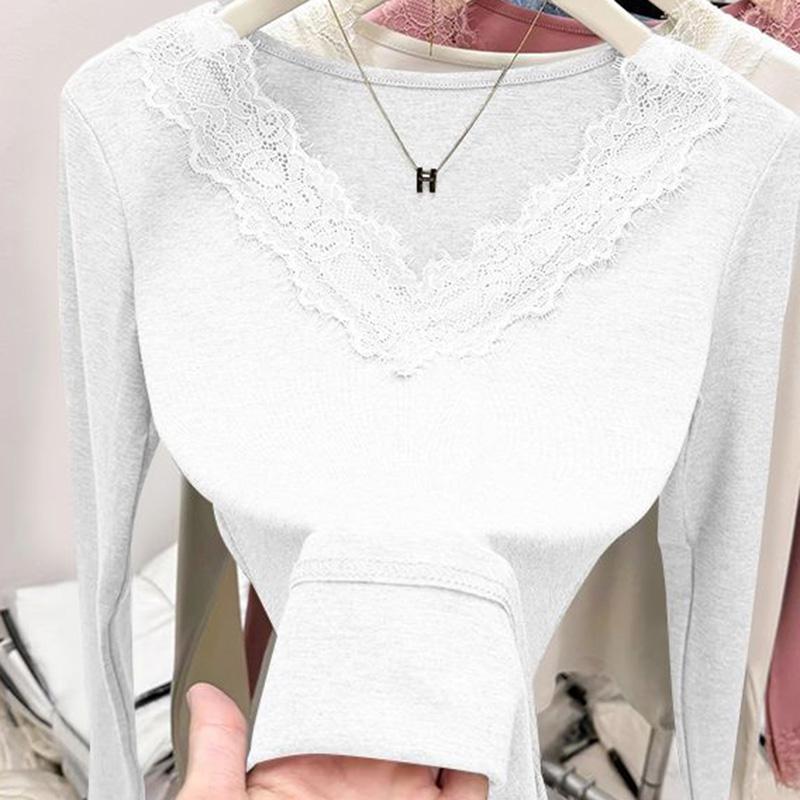 Tops for Women Pullover Long Sleeve V-neck  Autumn Winter Warm Slim Thickened Lace Top