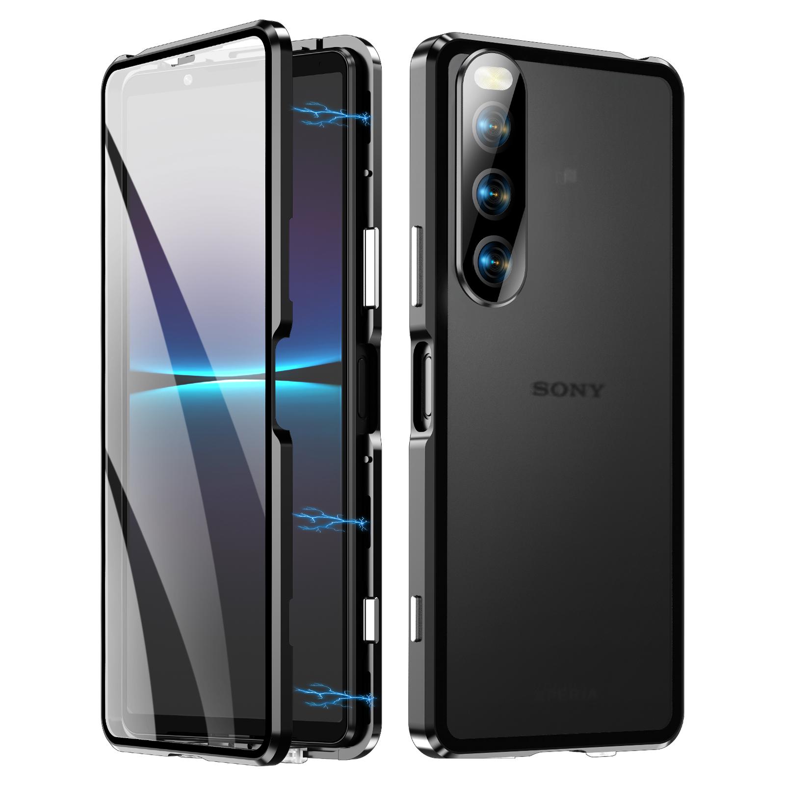 

Для Sony Xperia 10 V Чехол с магнитной адсорбцией Металлическая рамка+Закаленное стекло+ПК Задняя панель Прозрачная накладка на телефон Black