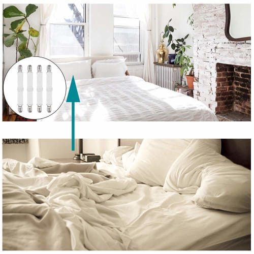 QBeau Comforter Clips, Bed Sheet Anti-Slip Clips, Elastic Bands, Adjustable Corner Clips, White, Set of 8