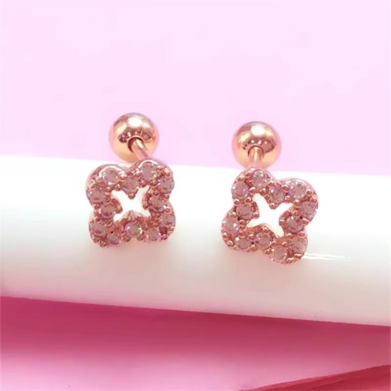 Изысканные русские фиолетово-золотые полые серьги-гвоздики с цветами, покрытые розовым золотом, золотые серьги-гвоздики  Счастливая трава  с блестящими цирконами для женщин (rose gold plated pair)