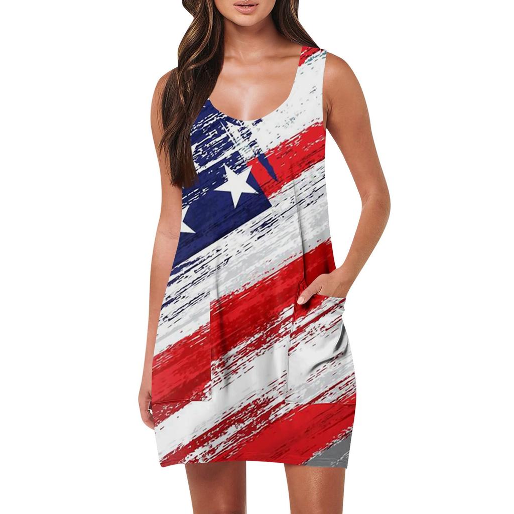 Damen Sommer Freizeitmode Ärmelloses Tanktop Tasche Strand Unabhängigkeitstag Bedruckte Kleider