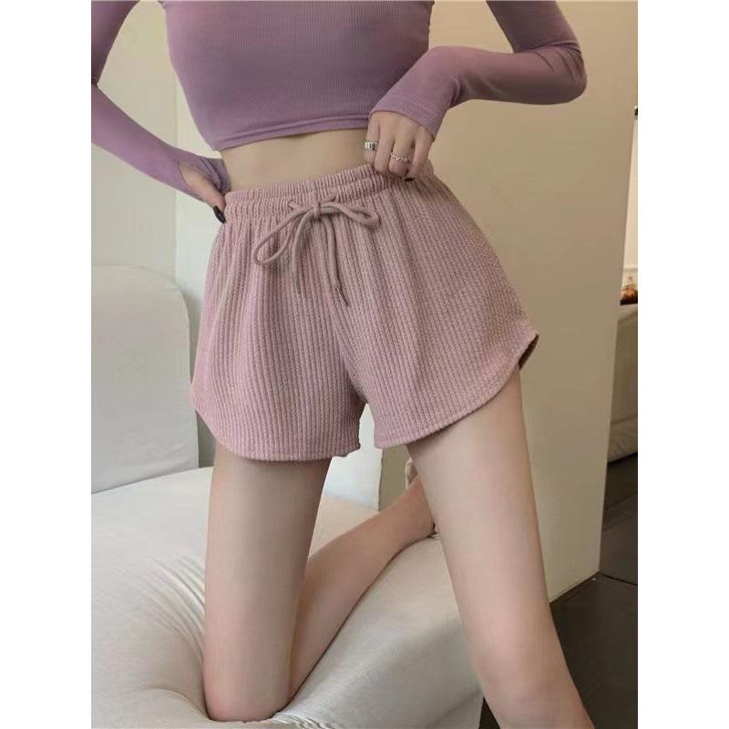 Dámské vaflové šortky s vysokým pasem - Nové letní volné ležérní fitness kalhoty