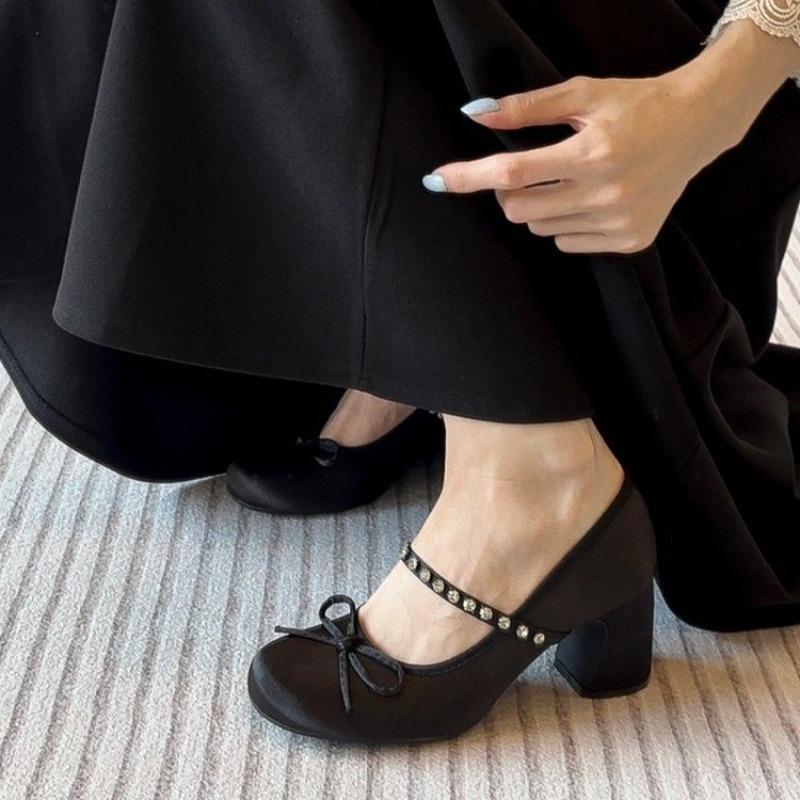 High Heels Women's Spring/Autumn New Butterfly Knot Water Diamond Strap Womens Shoes Round Head Mary Jane Single Shoes Women