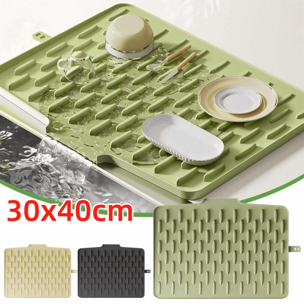 Heat Resistant Silicone Drain Pad Tilted Design Raised Edge Dish Drying Mat Prevents Water Build Up Non-Slip