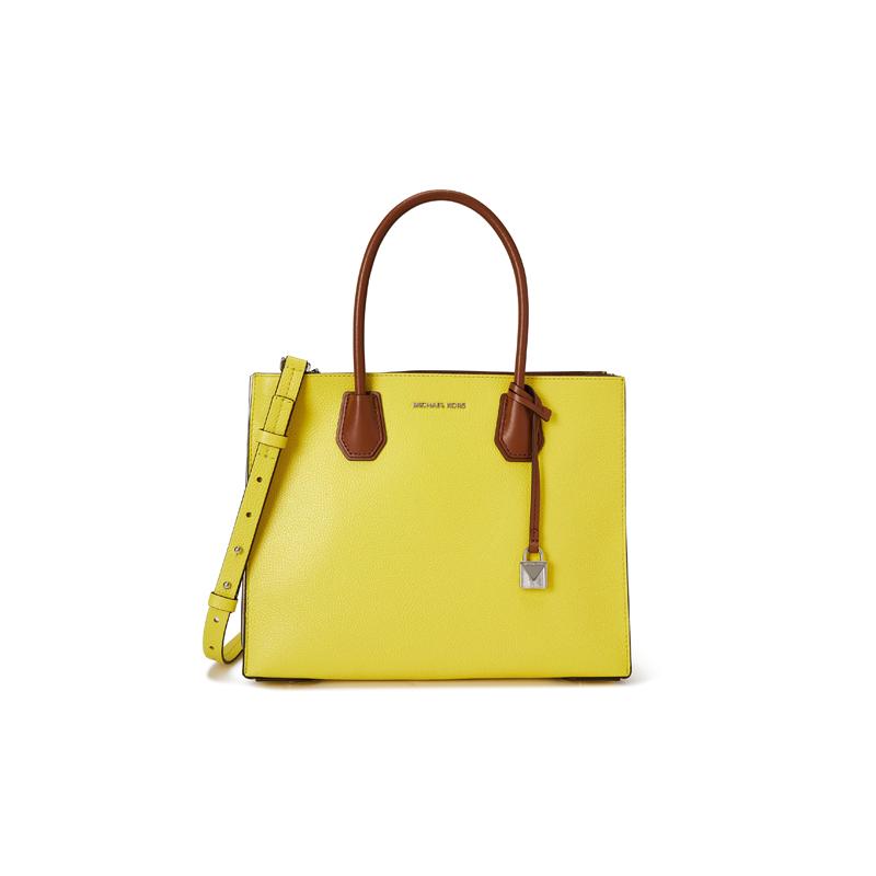 Michael Kors Luggage Series Mercer Letter LOGO Lock Accordion Bag Cow Leather Handbag Women's Bright Yellow/acorn Brown/white