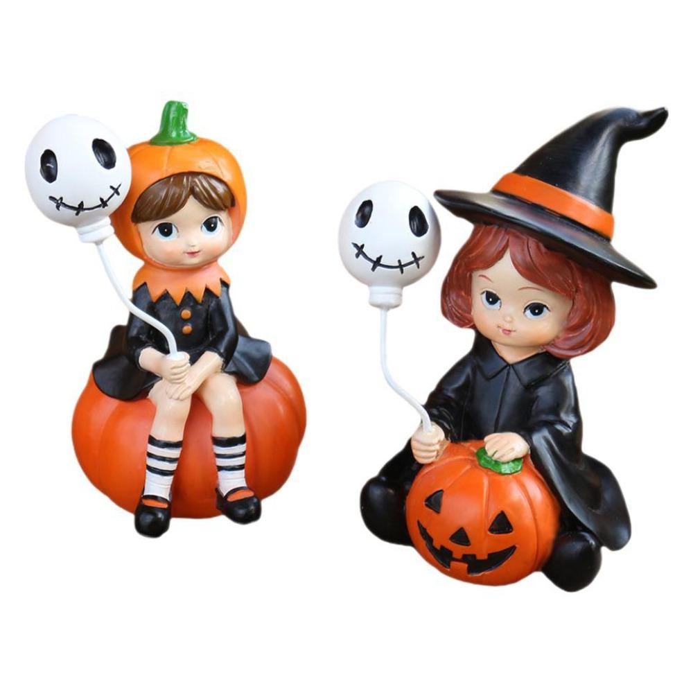 2pcs Cute Pumpkin Girl Figurines Witch Doll Halloween Party Ornaments  Bedroom Desk Decoration