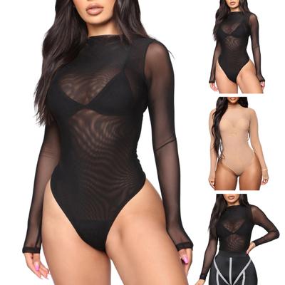 Damen-Body mit langen Ärmeln, durchsichtiges Mesh, schmale Passform, elastisch, einfarbig, weich, atmungsaktiv, halbhoher Kragen, dünner Chemise-Overall für Damen