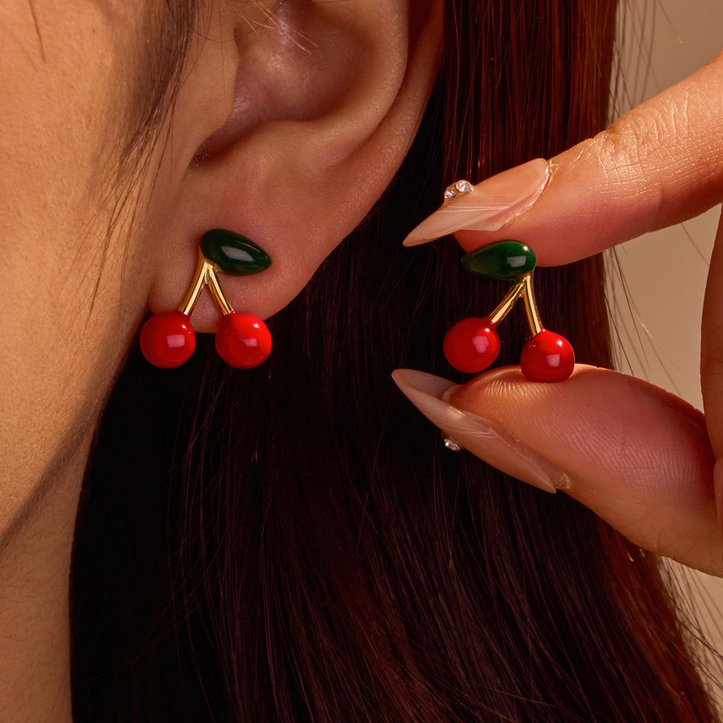 GEMCHIC Damen Niedliche Kirsch-Steckohrringe 2025 Neue Mode Früchte-Design Edelstahl Rot Grün Blatt Schmuck