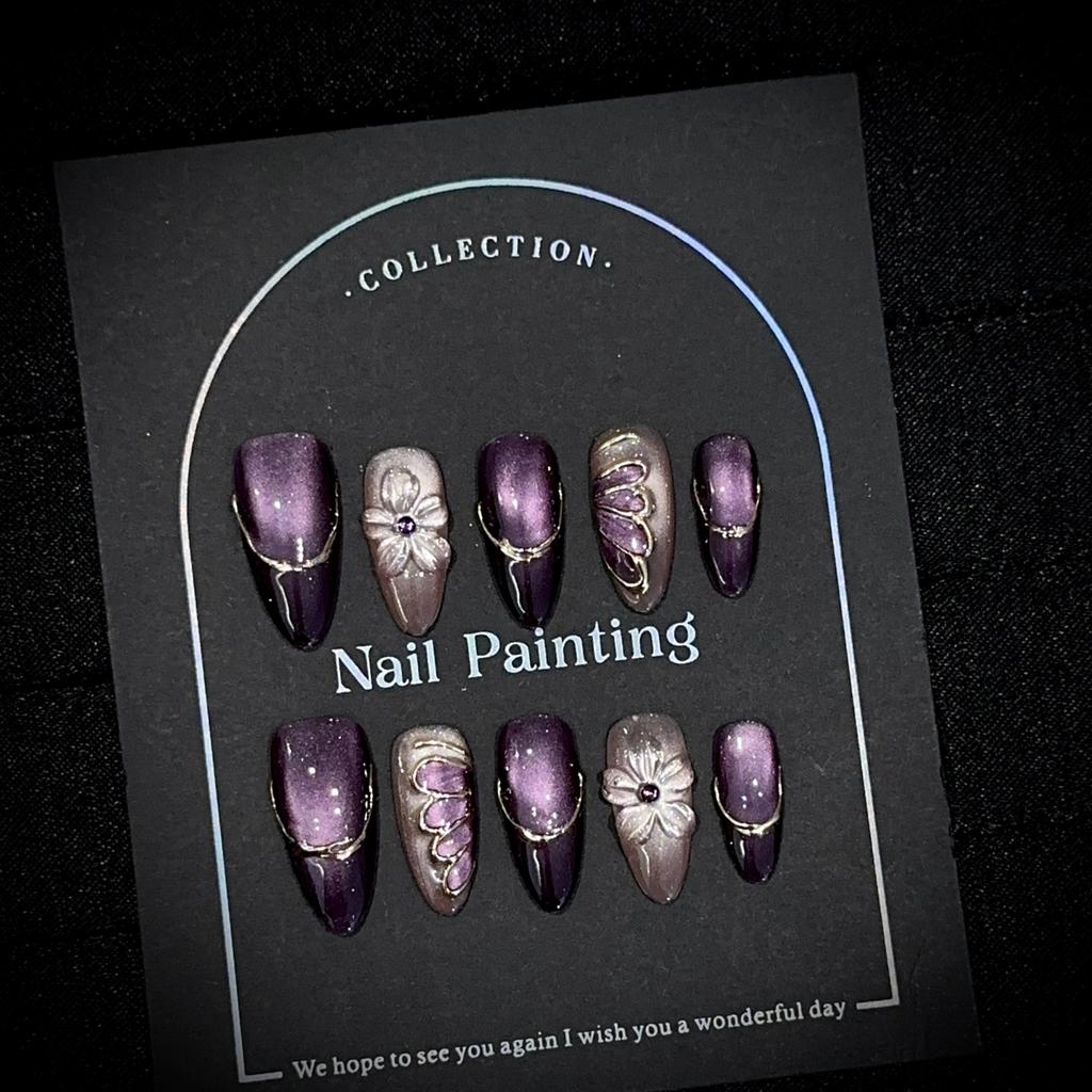Purple cat-eye almond press-on nails; handcrafted, ready-to-wear set featuring Western-style 3D sculpted floral designs.