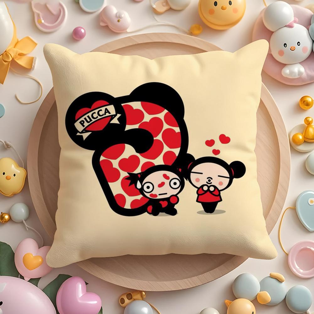 Kawaii P-Pucca Anime Cushion Cover Plush Fabric Soft Double-Sided Printed Sofa Pillow Case Colorfast Home Decor Gift