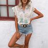 Women Sexy Hollow Out Solid Geometric Lace Cropped Chiffon Blouse