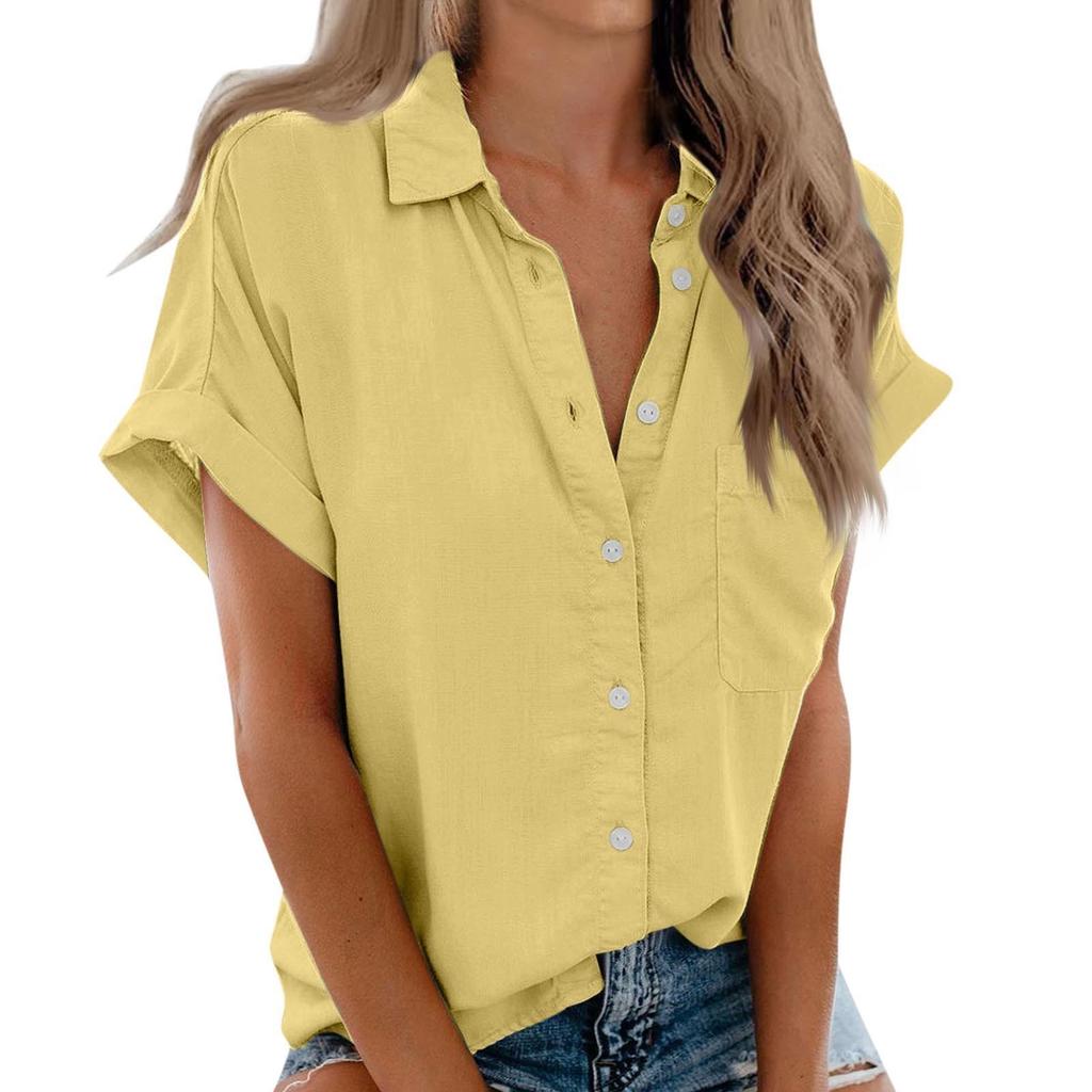 Women's Fashionable Casual Pocket Short-sleeved Collared Shirt Top