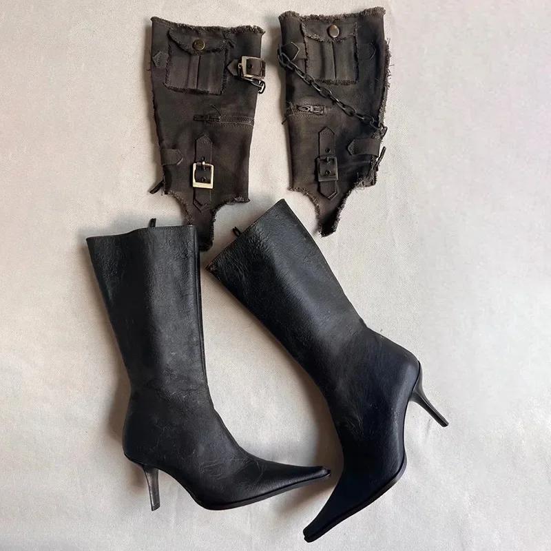 Vintage Pointed Belt Buckle Western Cowboy Boot Women's Fashion Metal Chain Detachable Two Wear Tooling Women's Boots 35-39