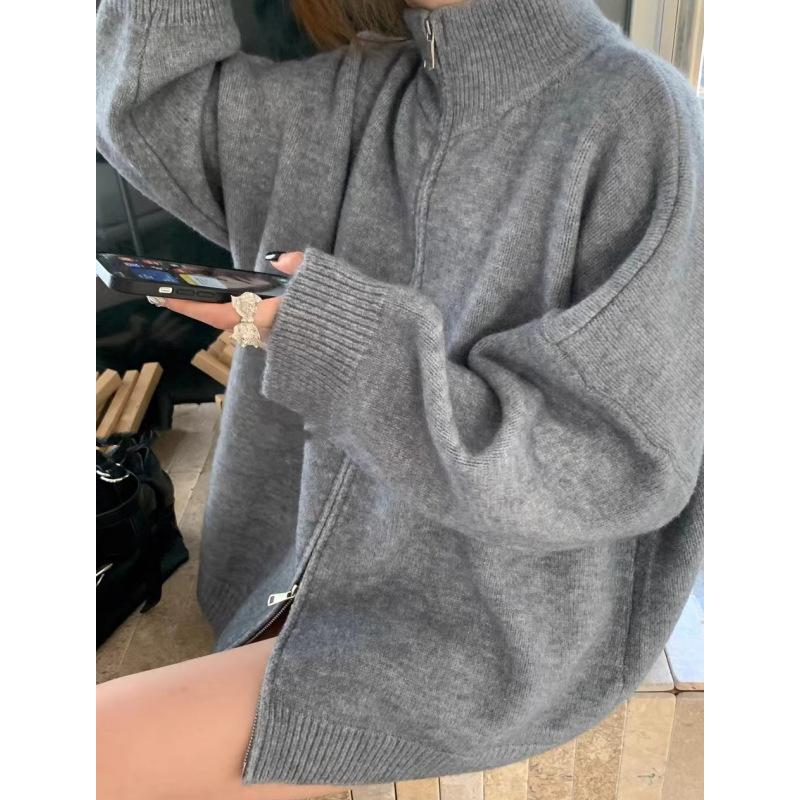 Lazy Style Stand-up Neck Sweater Women's Autumn and Winter Loose CasualOversized Grey Turtleneck Zip - Up Knit Sweater