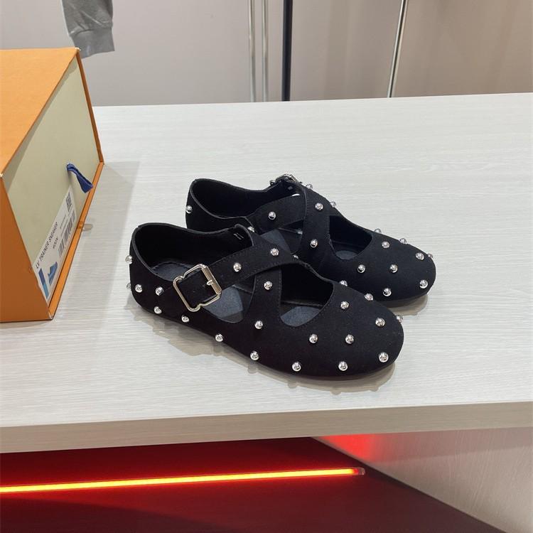 Cowhide version~ Rivet cross one-word buckle flat-soled ballet shoes for women's 2025 new Korean version of round-headed grandma shoes