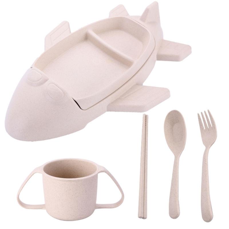 Toddler Dinnerware Set with Cartoon Tray and Cup, 5 Piece Baby Feeding Set with Spoon Fork and Chopsticks for Family Dining