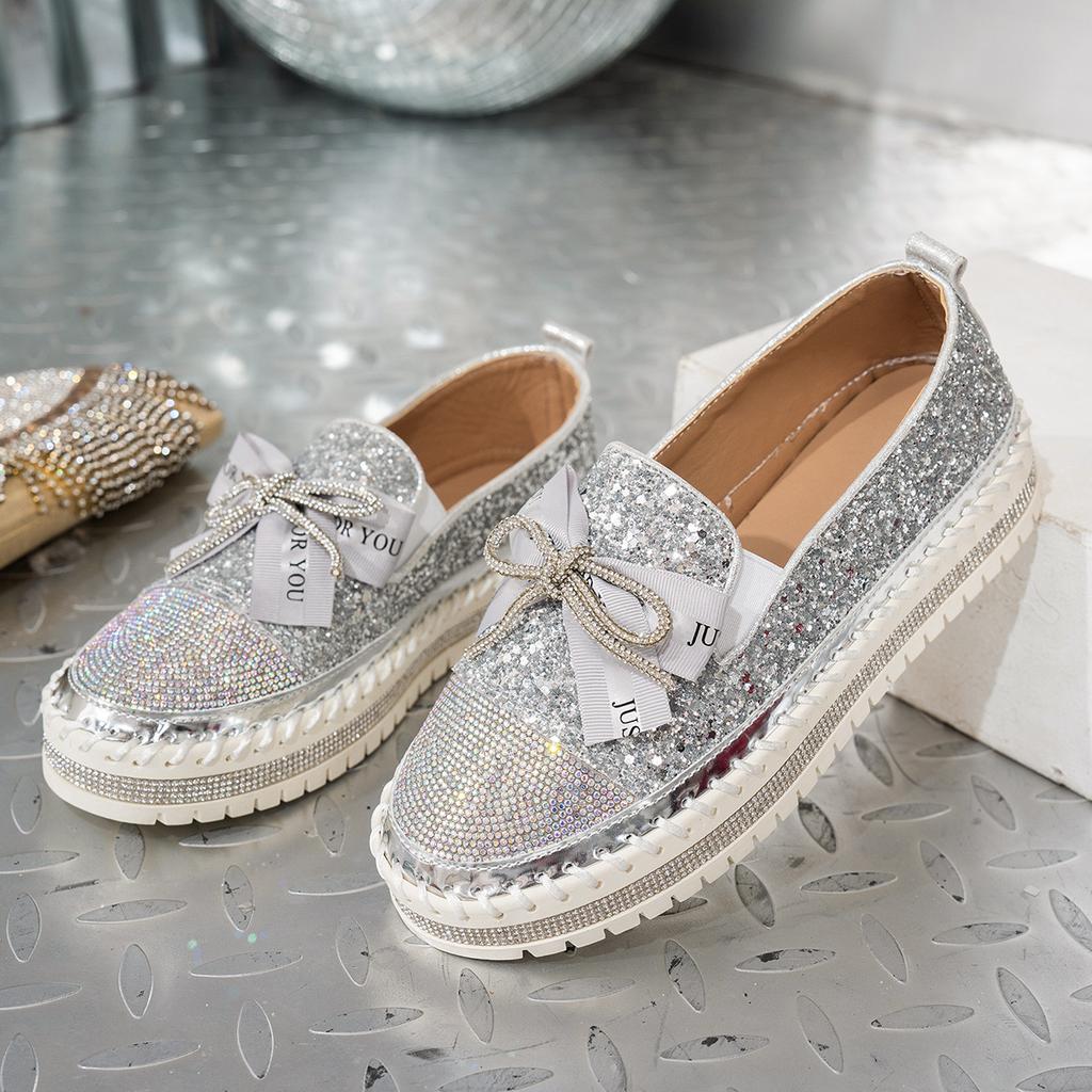 Fashion 35-44 Thick Bottom Rhinestone Bow Mary Jane Shoes Women Flat Shallow Mouth Comfort Casual Shoes Zapatillas De Mujer Loafers 2025