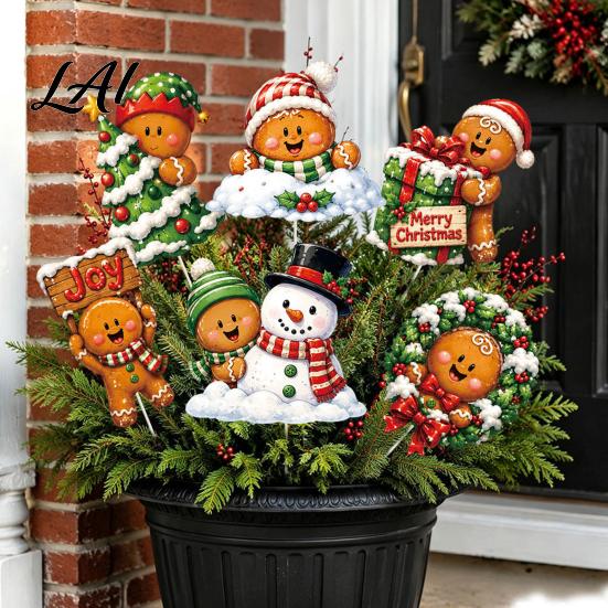 Cute Cartoon Holiday Picks 6 Pcs Large Christmas Tree Picks Wooden Santa Snowman Gingerbread Ornaments Xmas Man Party Supplies Topper Decoration for
