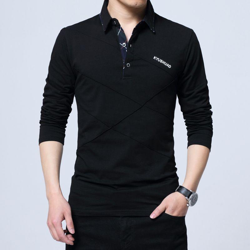 

Spring Autumn Men s T-shirt Long Sleeve Young Slim Cotton Base Shirt Lapel T-shirt Top 5XL чорний