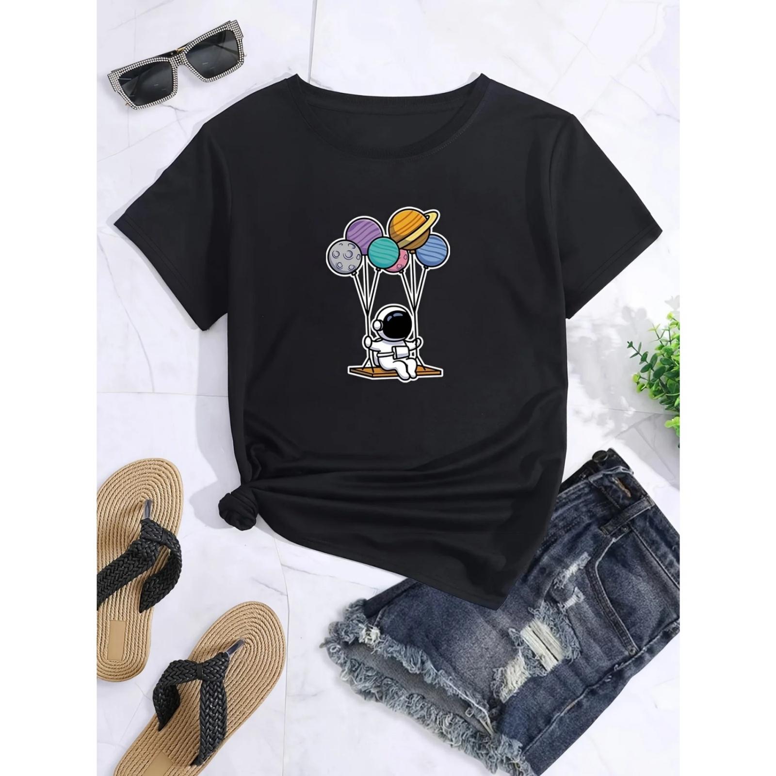 Cartoon Astronaut Print T-shirt, Casual Crew Neck Short Sleeve Top For Spring & Summer, Women s Clothing S