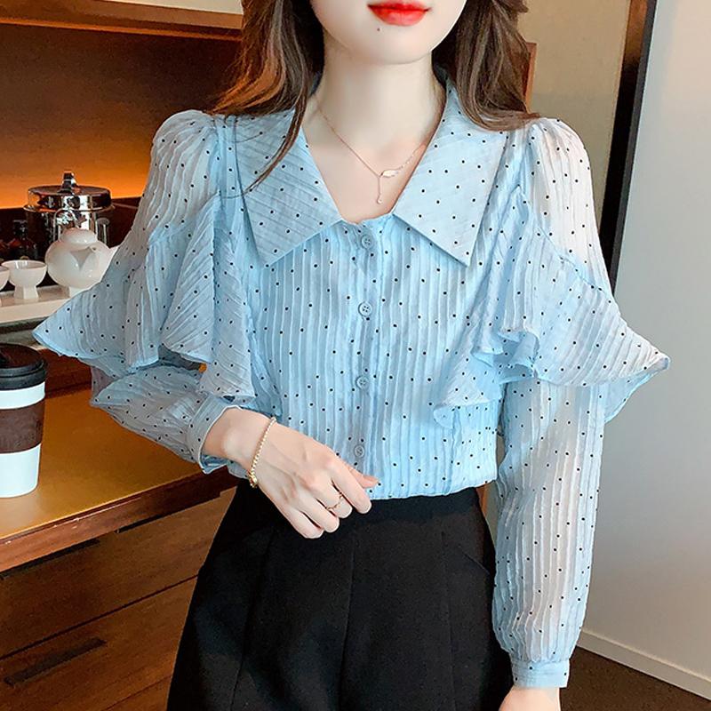 Fashion New 2024 Autumn Long Sleeve Turn Down Collar Casual Ruffles Dot Chiffon Blouse Shirt Women Tops Blouses Shirts J532