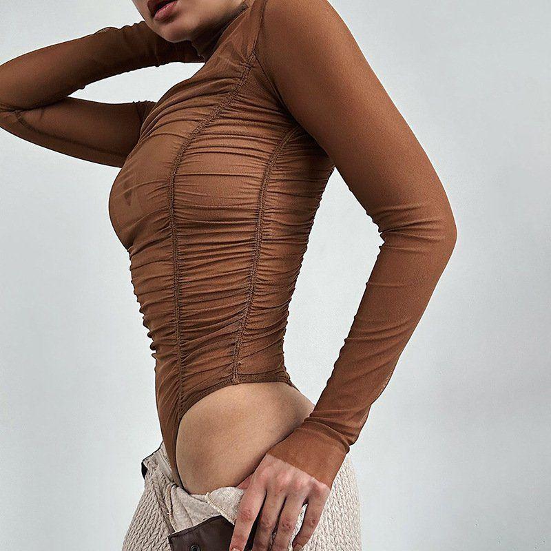 Women's Mesh See-Through Long-Sleeved Bodysuit - Chic High-Waisted Slim Fit Top