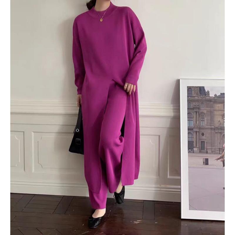 Lazy large size split two-piece sweater autumn and winter new wide-leg pants medium and long pullover knitted sweater set