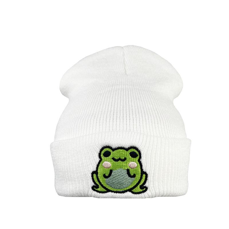 Unisex Cute Cartoon Frog Embroidery Jacquard Knitted Acrylic Common Hat for Adults-Student Pullover Warm Cold Weather