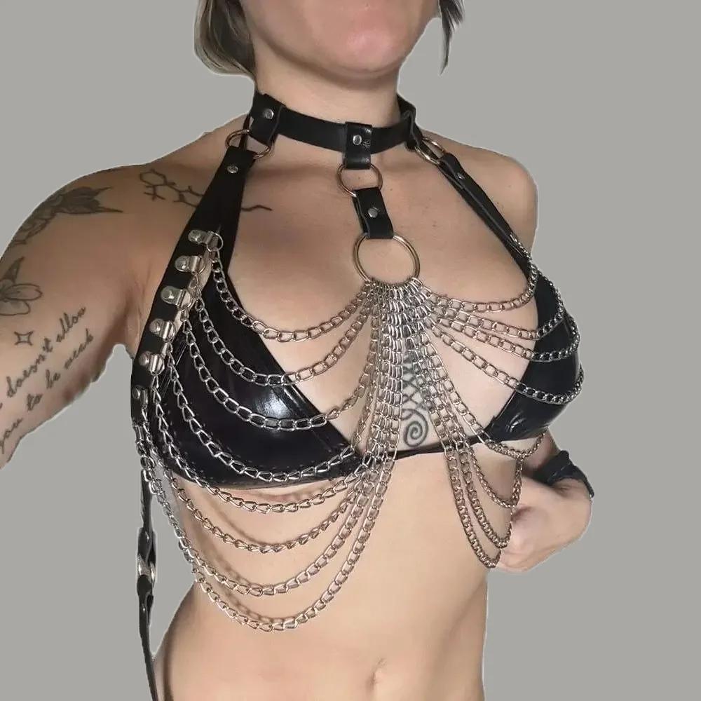 Women Sexy Body Harness Belt Leather Lingerie Chest Chain Bondage Party Festival Rave Accessories Gothic Fetish Clothing