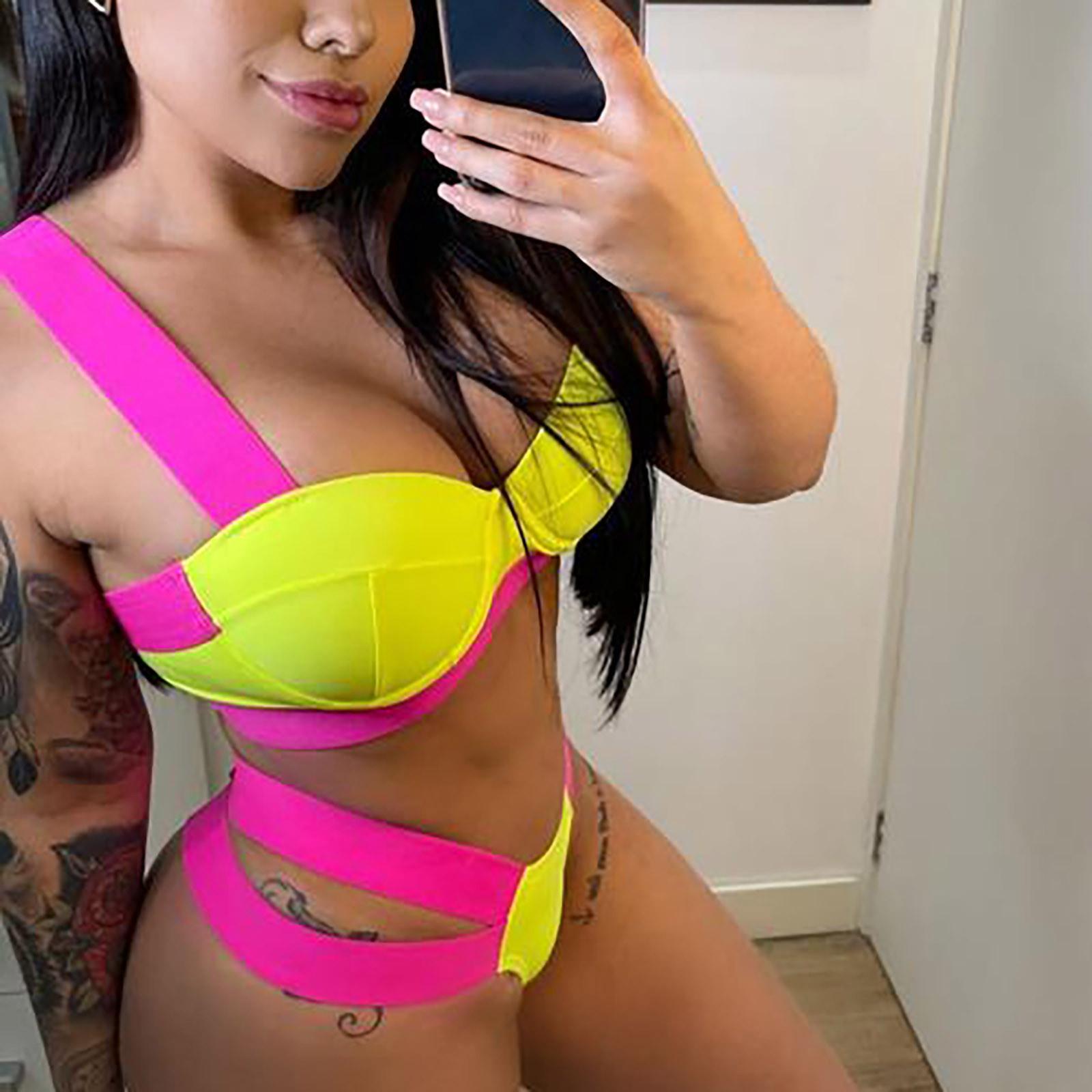 

Женский купальник, лоскутное бандажное бикини на жестких косточках, сексуальный купальник с разрезом XL жёлтый