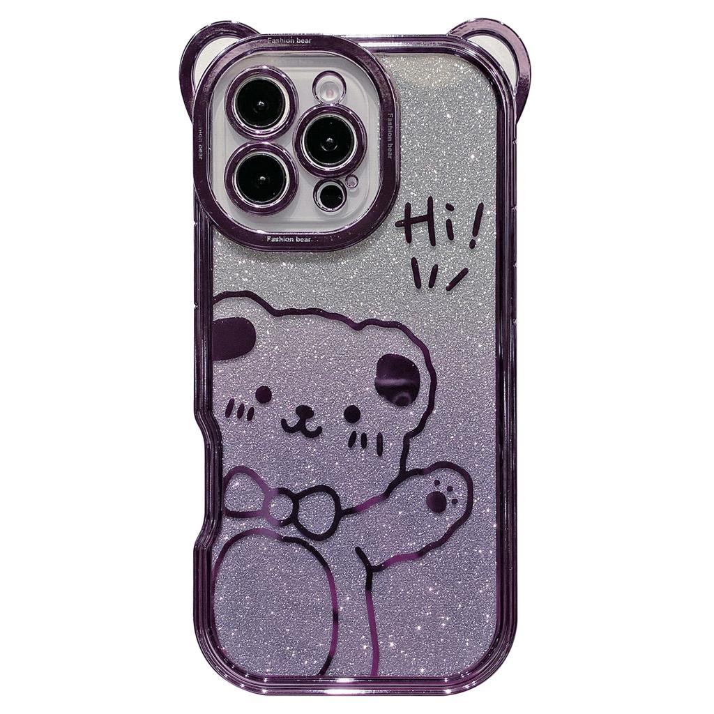 For iPhone 16 Pro Case Cute Bear Electroplating TPU Phone Cover with Gradient Glitter Paper