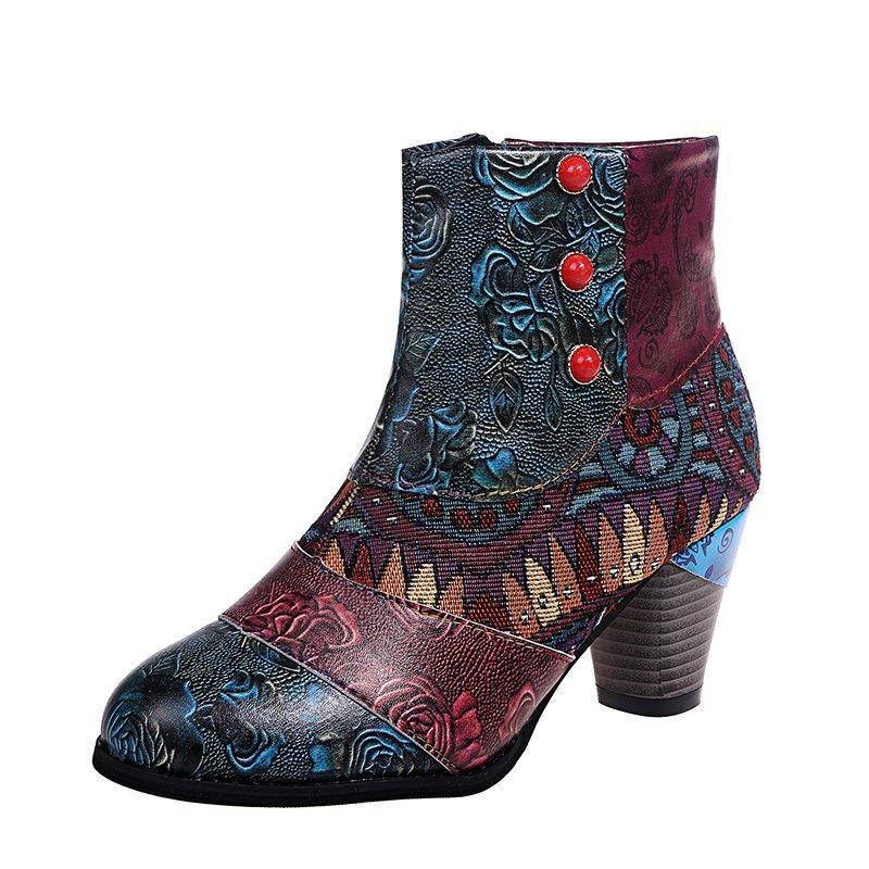 Women's Chic Floral Ankle Boots Side Zip Closure Chunky Heel Comfortable Versatile Short Boots for All Occasions