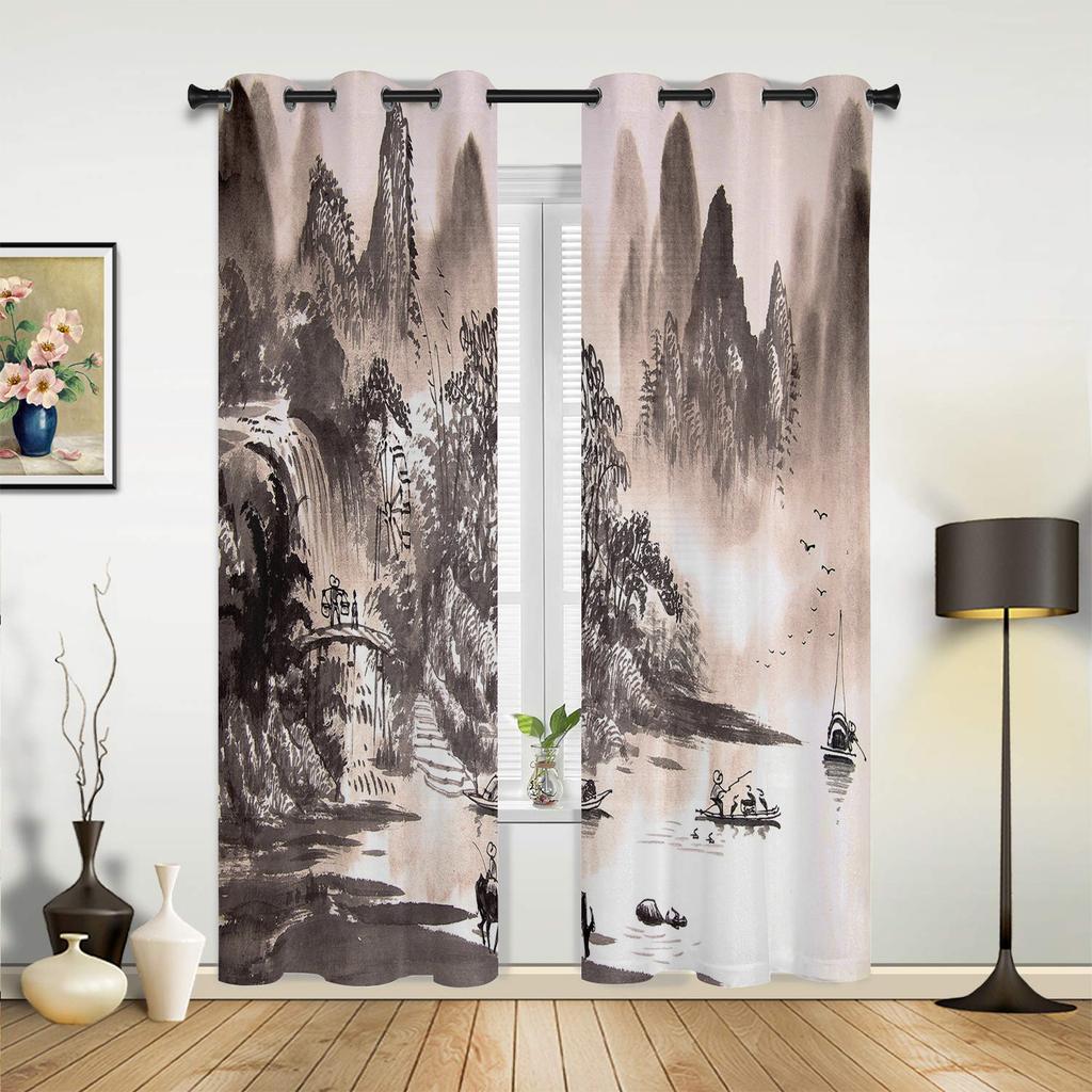 Landschaftsmalerei Boot Berg Vorhänge für Schlafzimmer Wohnzimmer Vorhänge Küche Kinderzimmer Fenster Vorhang Heimdeko