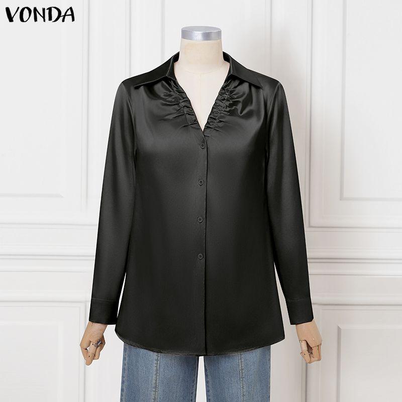 VONDA Elegant Women Pleating Lapel V Neck Long Sleeve Buttons Up Casual Office Shirts Blouse