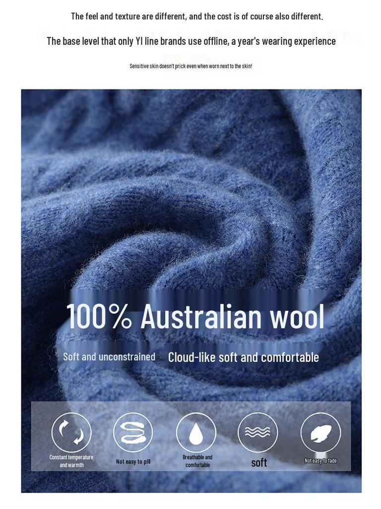 Men's Pure Wool Half-High Collar Cable Knit Zipper Sweater - Thick & Loose for Autumn/Winter