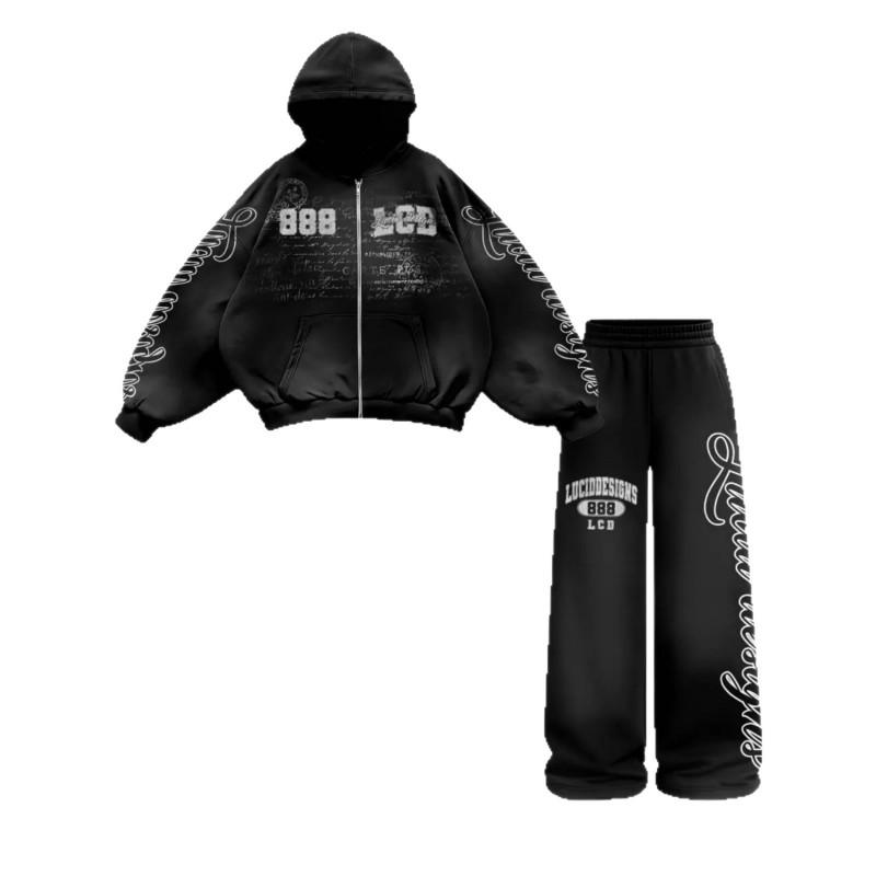 Y2K Streetwear Hooded Zip-Up Long Sleeve Sweatshirt Set Print Loose Fit Womens Casual Outfit 2026