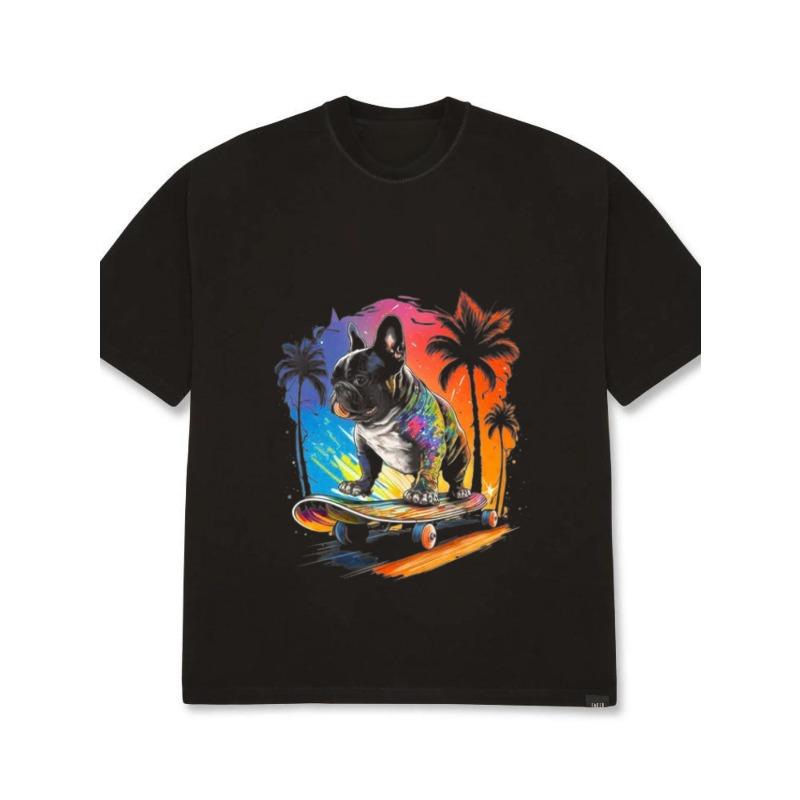 

Мужская футболка оверсайз черная французский бульдог скейтборд пальма закат графический принт повседневная уличная одежда летний наряд XXXXL чёрный