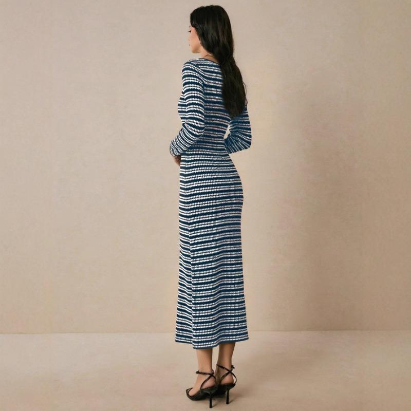 Striped Knee-length Long Dress, Long-sleeved Round-neck Thickened Knitted Dress, Slimming Long Dress