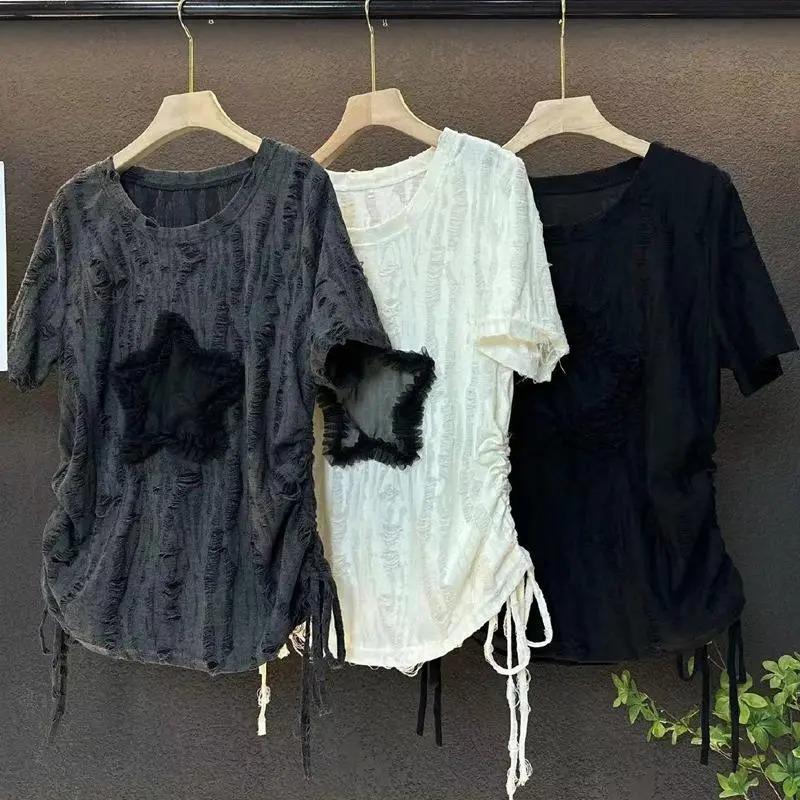 Summer New Casual and Fashionable Loose-fitting Hole-covering Round Neck Waist Slimming Short-sleeved Top for Women