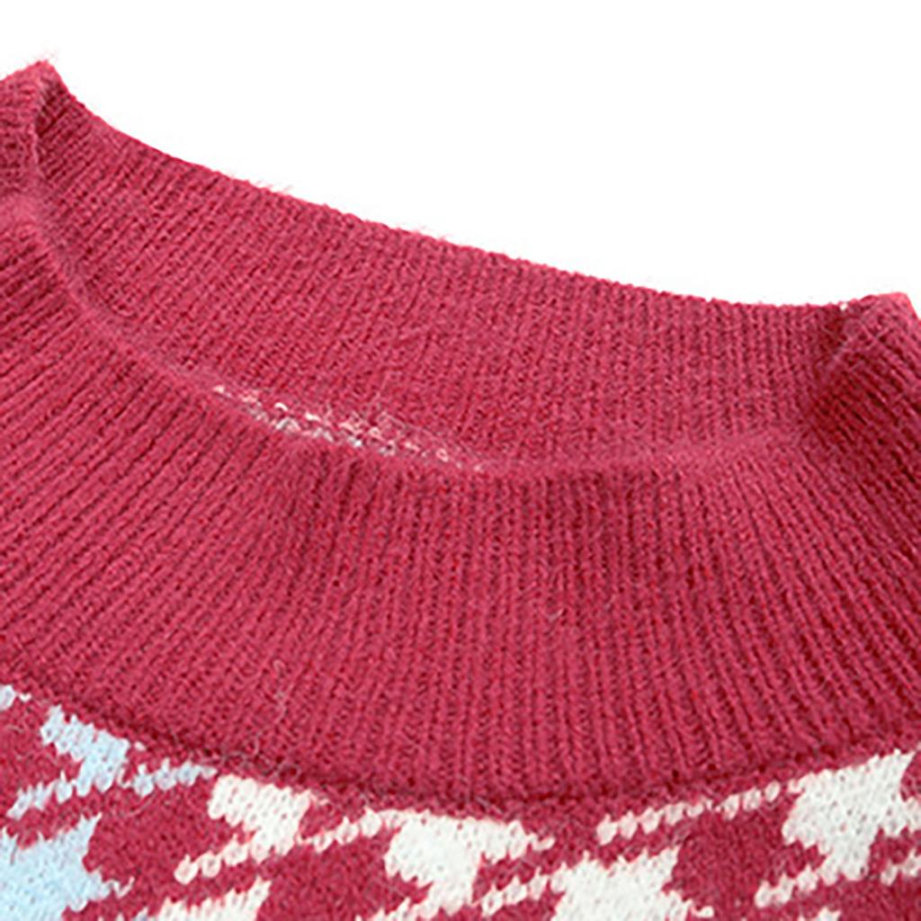 Ladies Fashion Casual Loose Knit Contrast Houndstooth Pullover Sweater