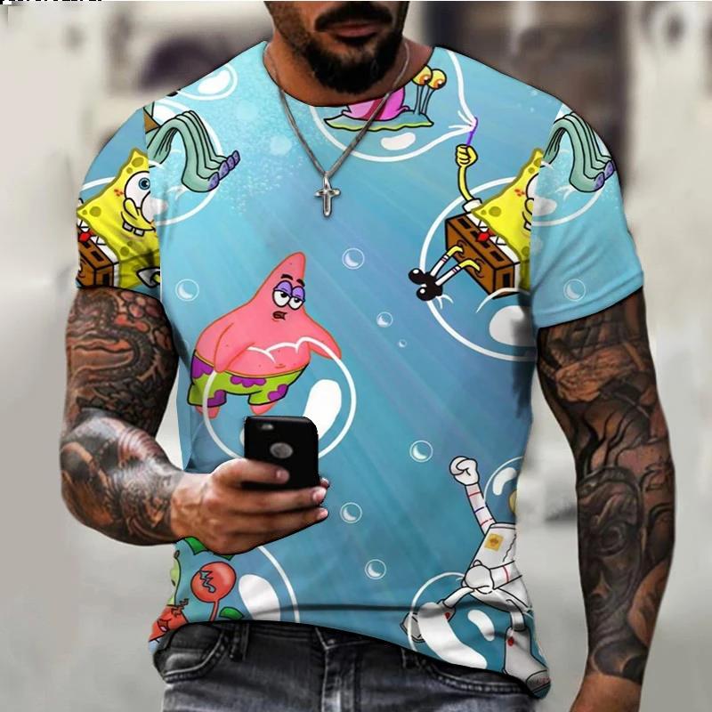 Letní Pánská Trička s Krátkým Rukávem s 3D Kresleným Potiskem Spongeboba s Kulatým Výstřihem