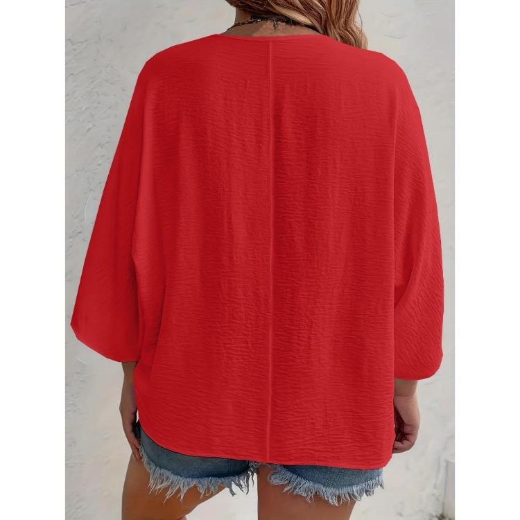 2025 New Women's Plus Size Casual V-Neck Long Sleeve T-Shirt Elegant Loose Blouse Solid Color Fashion Top for Spring Summer