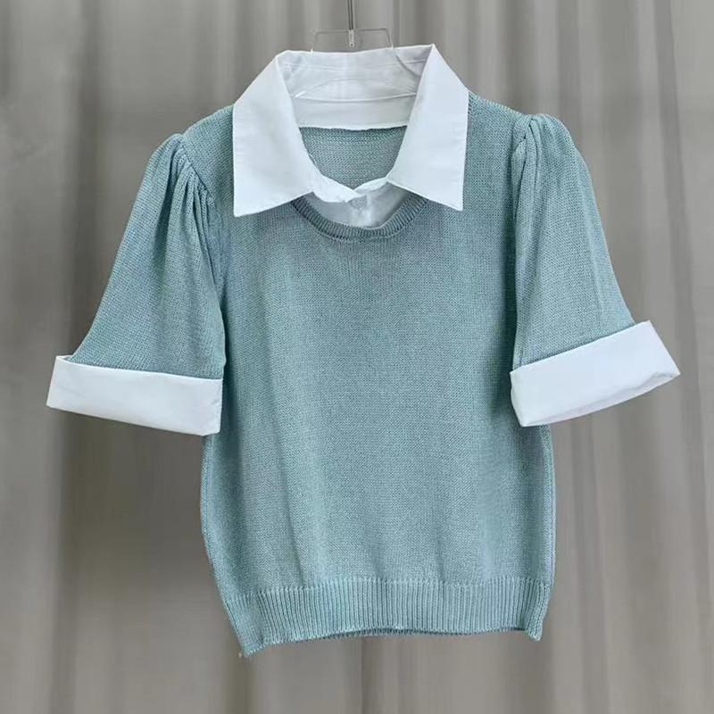 Summer Niche Ageing Knit Shirt Simple College Style Splicing Short-sleeved Tops Female Casual Essential Comfort and Style Slim Fit Pullovers Tees