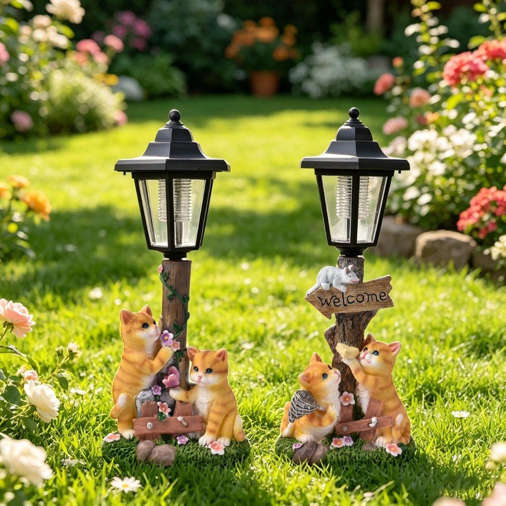 Dual-Use Flowerpot Solar Cat Statue Solid Material Hand-Painted Resin Outdoor Figurine Light Weather Resistant Warm LED Light