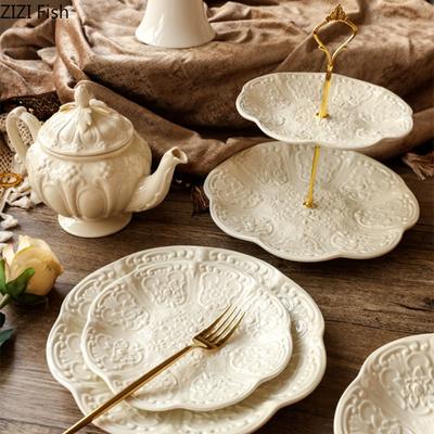 Plato de postre de cerámica europea, vajilla creativa de alivio, plato para dulces, tartas de frutas, cenas familiares, plato para bistec a la barbacoa.