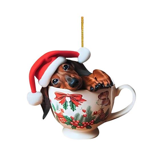 Dachshund Christmas Ornament Puppy In Mug Christmas Tree Ornament 2D Acrylic Dachshund Hanging Decor Gifts for Dog Lovers