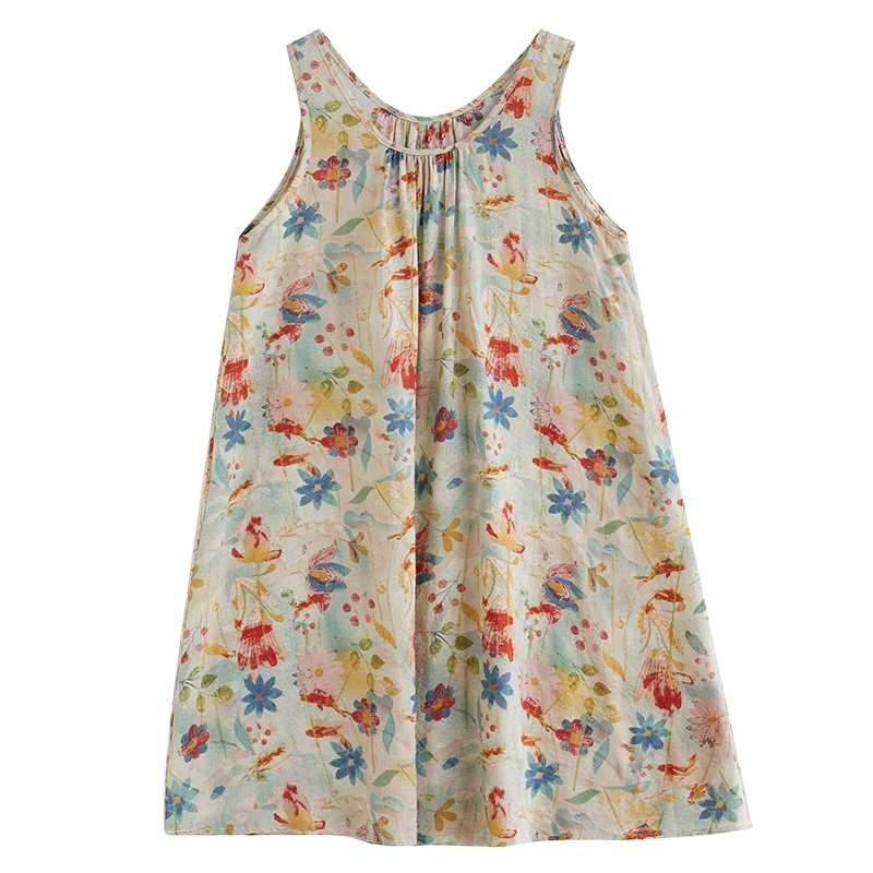Real Shot Large Size Women's Clothing Summer Loose Suspender A-word Skirt Sleeveless Crew Neck Printed Dress