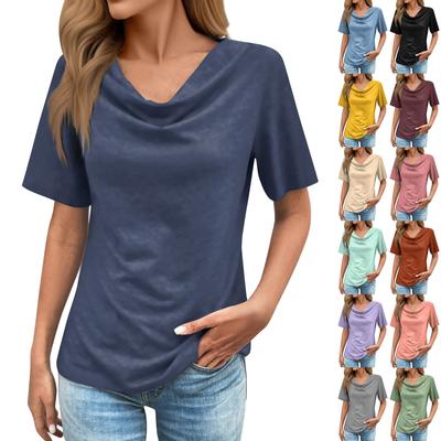Damesmode Casual Hoge Hals Korte Mouwen Los Effen Kleur T-shirt