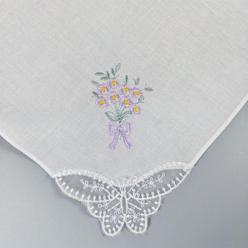 Multicolor Cotton Handkerchiefs Set for Women Embroidered Flower and Butterfly Lace Edge Portable Pocket Square Towel